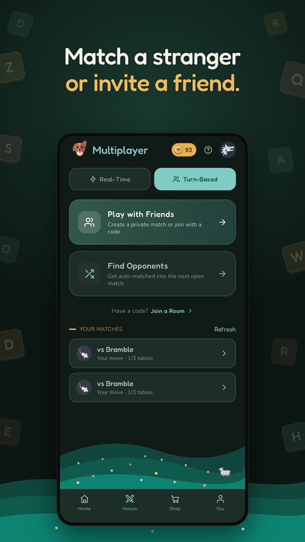 Match a stranger or invite a friend: the Versus hub with turn-based matches